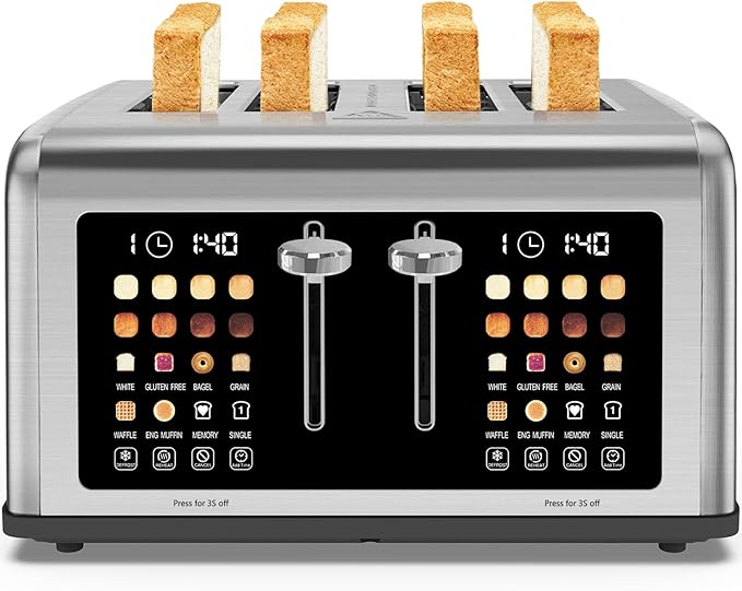 4 Slice Toaster Touch Screen, Stainless Steel Toasters Digital Timer, Dual