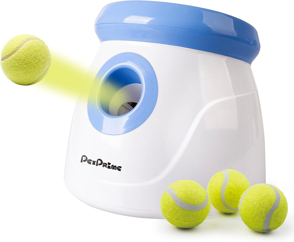 Pet Prime Automatic Dog Ball Thrower Launcher for Small and Medium Dogs, Interative Dog Fetch Machine with 3 Tennis Balls (2'') for Indoor/Outdoor Throwing Game Launch Distance 10-30ft