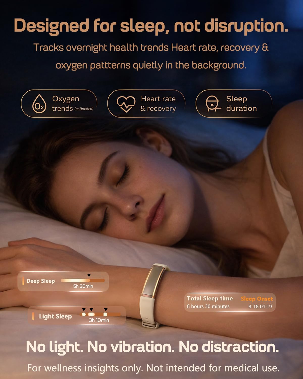 fitvii screenless fitness tracker for women men, health showing dimensions