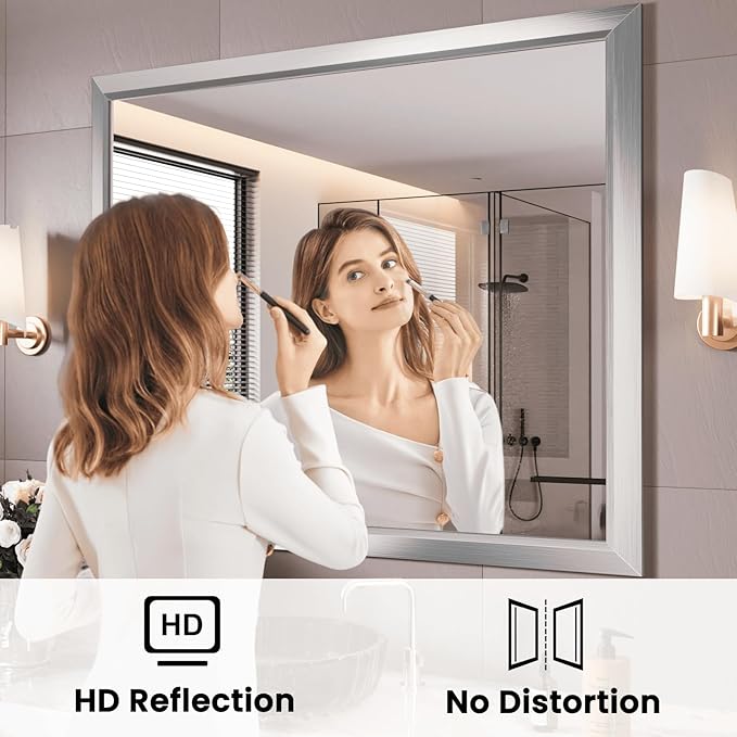 Amorho Bathroom Mirror, 44x36 Inch Silver Thick Metal Framed Wall Mirrors