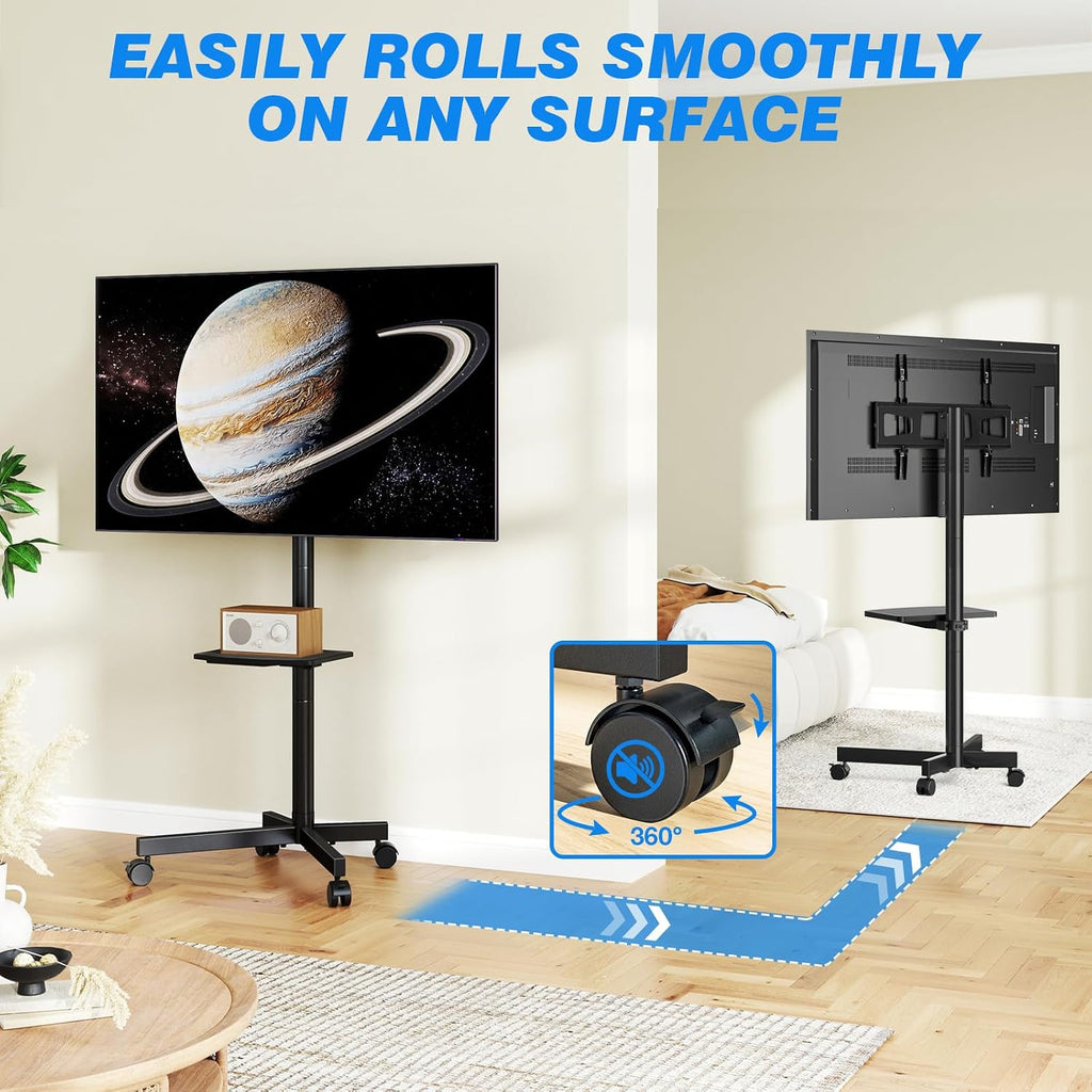 rfiver rolling tv stand with shelf for 23-65 showing dimensions
