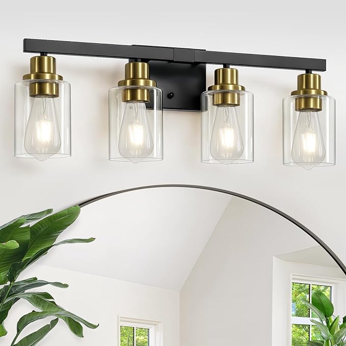 DIKAIDA Bathroom Vanity Light, 4-Light Black and Gold Bathroom Light Fixtures