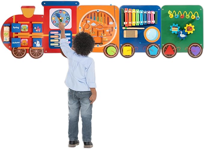 Train Activity Wall Busy Board Panels | 11-in-1 Wooden Sensory Wall Panel