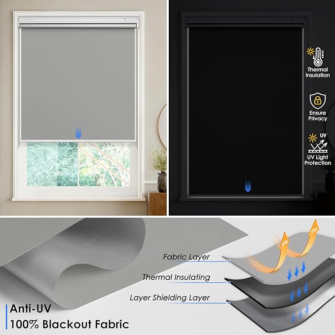 Motorized Blinds with Remote Control【Solar Panel Included】 Tin Grey, 33¾"W*72" H