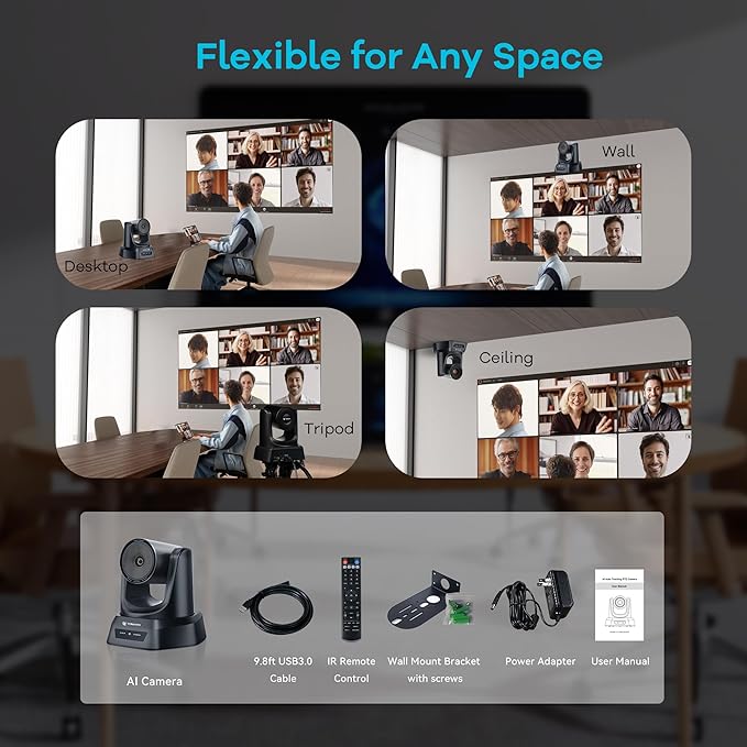 TONGVEO 3X Optical Zoom PTZ Camera AI Auto-Tracking HDMI USB 3.0 1080P 60fps