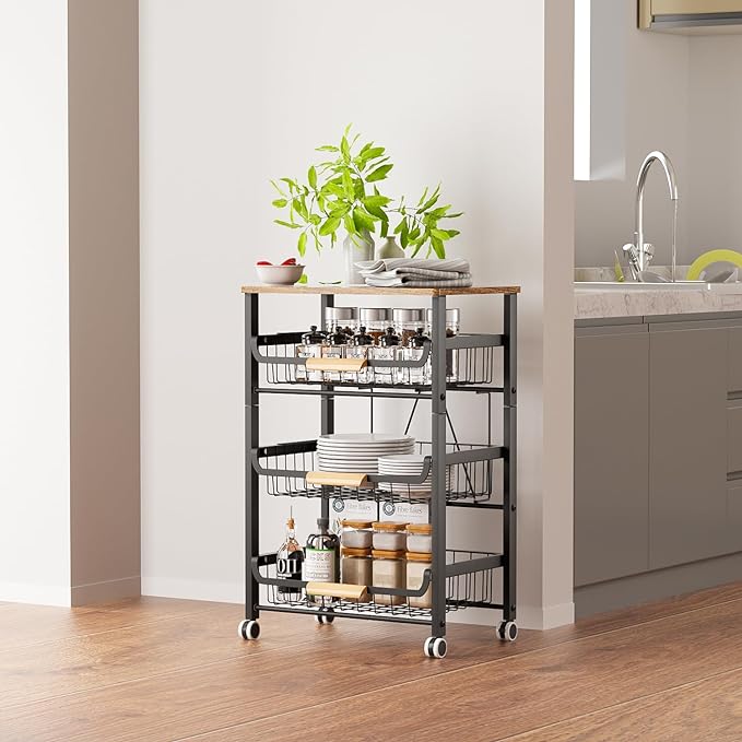 4-Layer Fruit Basket Kitchen Food Organizer and Rack, Stackable Storage Cart