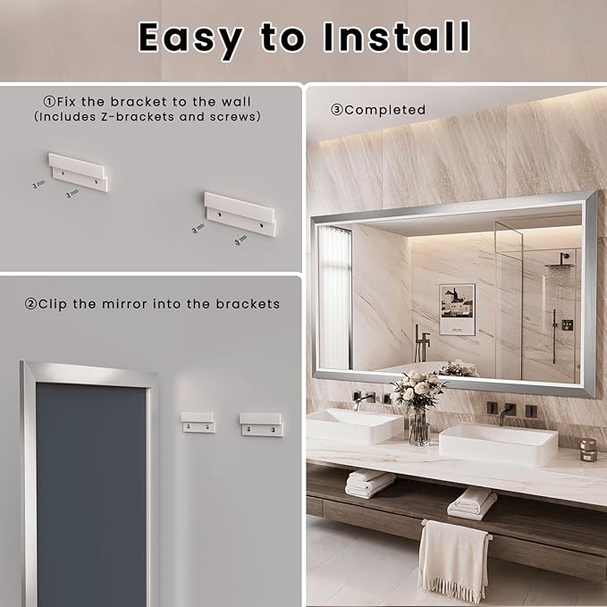 Amorho Bathroom Mirror, 55x40 Inch Silver Thick Metal Framed Wall Mirrors