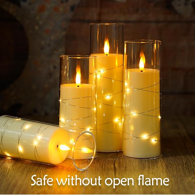 Flameless Candles with Embedded Star String, Battery Operated LED Pillar (Set of 7)