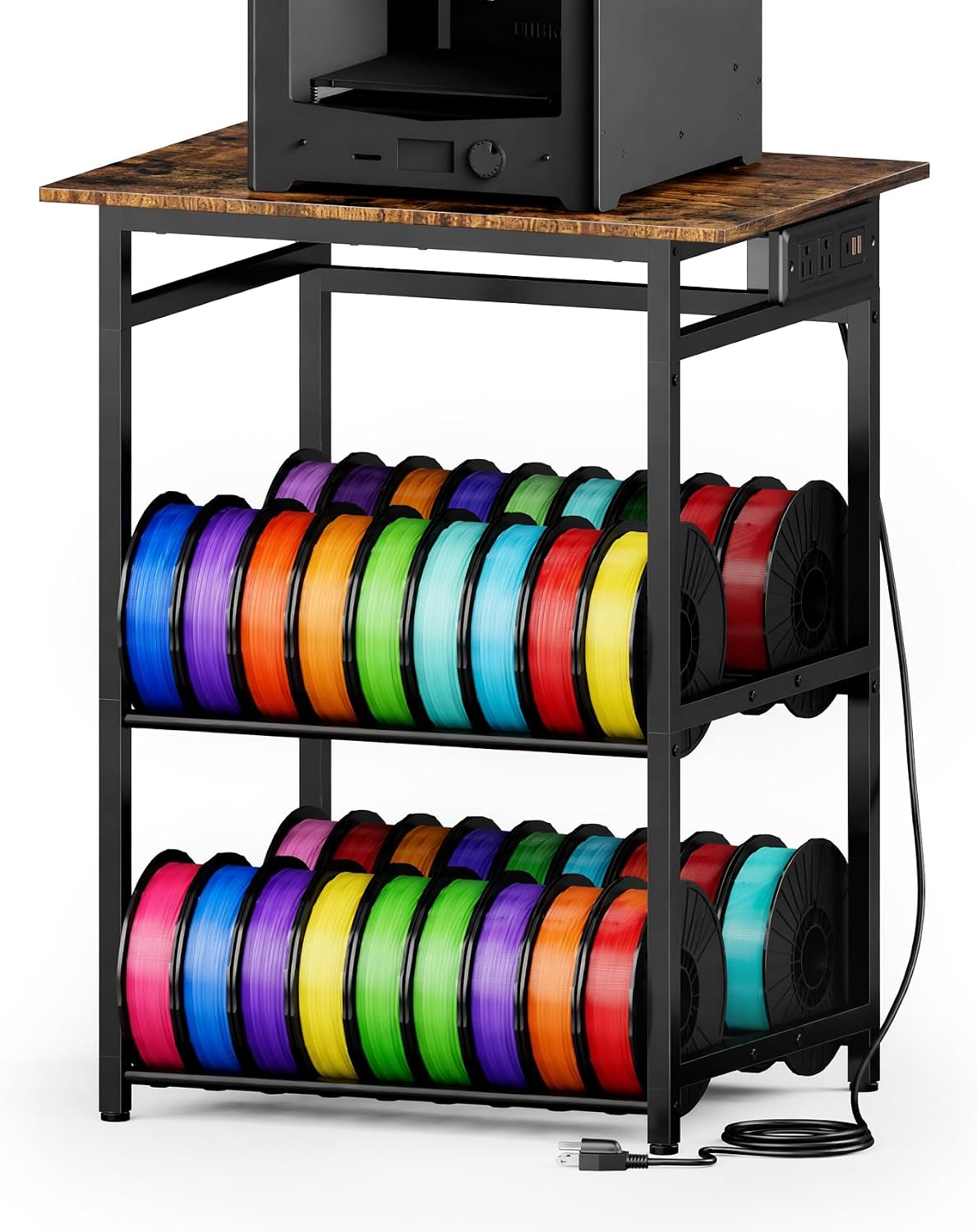 3D Printer Stand with Filament Storage - Heavy Duty Metal 3D Printer Table with Power Hub Spools Holder Racks with Adjustable Feet for Studio Garage Office Workshop