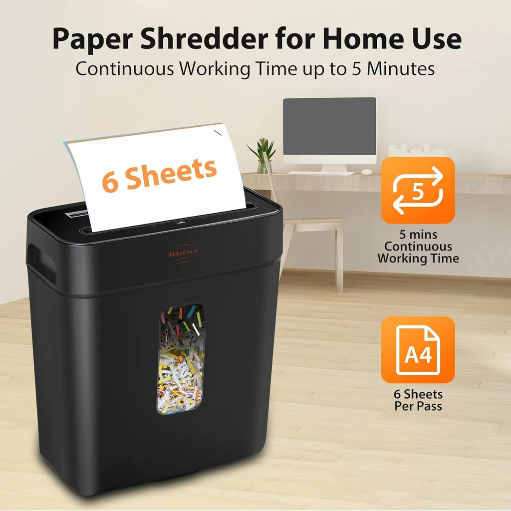 VidaTeco 6-Sheet Cross Cut Paper Shredder for Home Office, 3.04-Gallon Bin