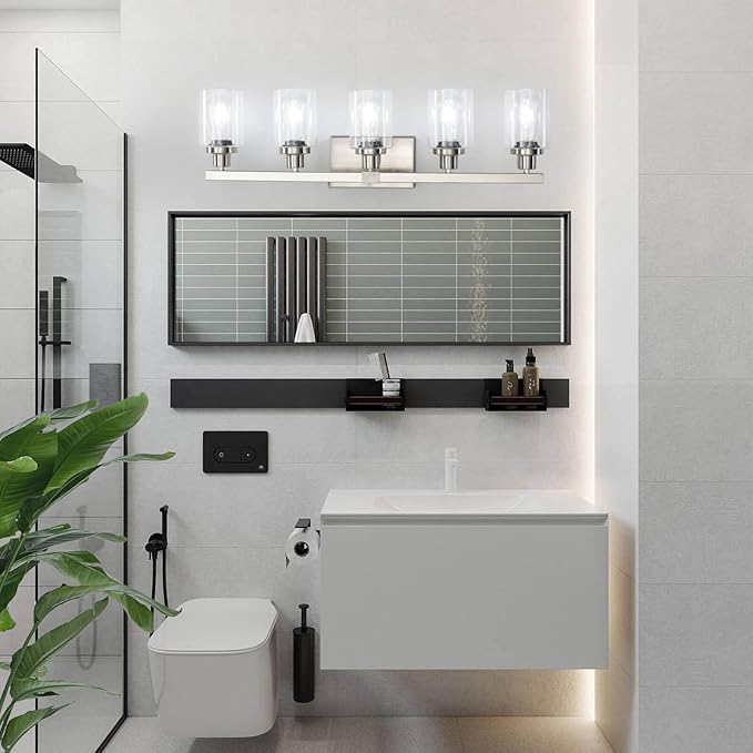 DIKAIDA Bathroom Vanity Light, 5-Light Nickel Modern Matte Wall Sconce Lighting