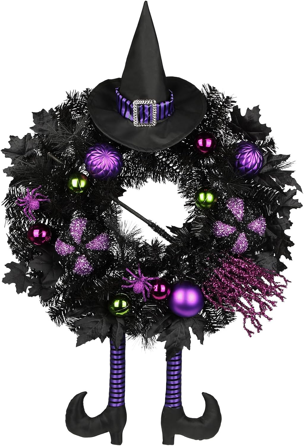 Halloween Wreath for Front Door 26" Tinsel Black Witch Wreath with Hat Legs and Purple Pumpkin for Fall Autumn Indoor Window Door Thanksgiving Halloween Decorations