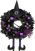 Halloween Wreath for Front Door 26" Tinsel Black Witch Wreath with Hat Legs and Purple Pumpkin for Fall Autumn Indoor Window Door Thanksgiving Halloween Decorations