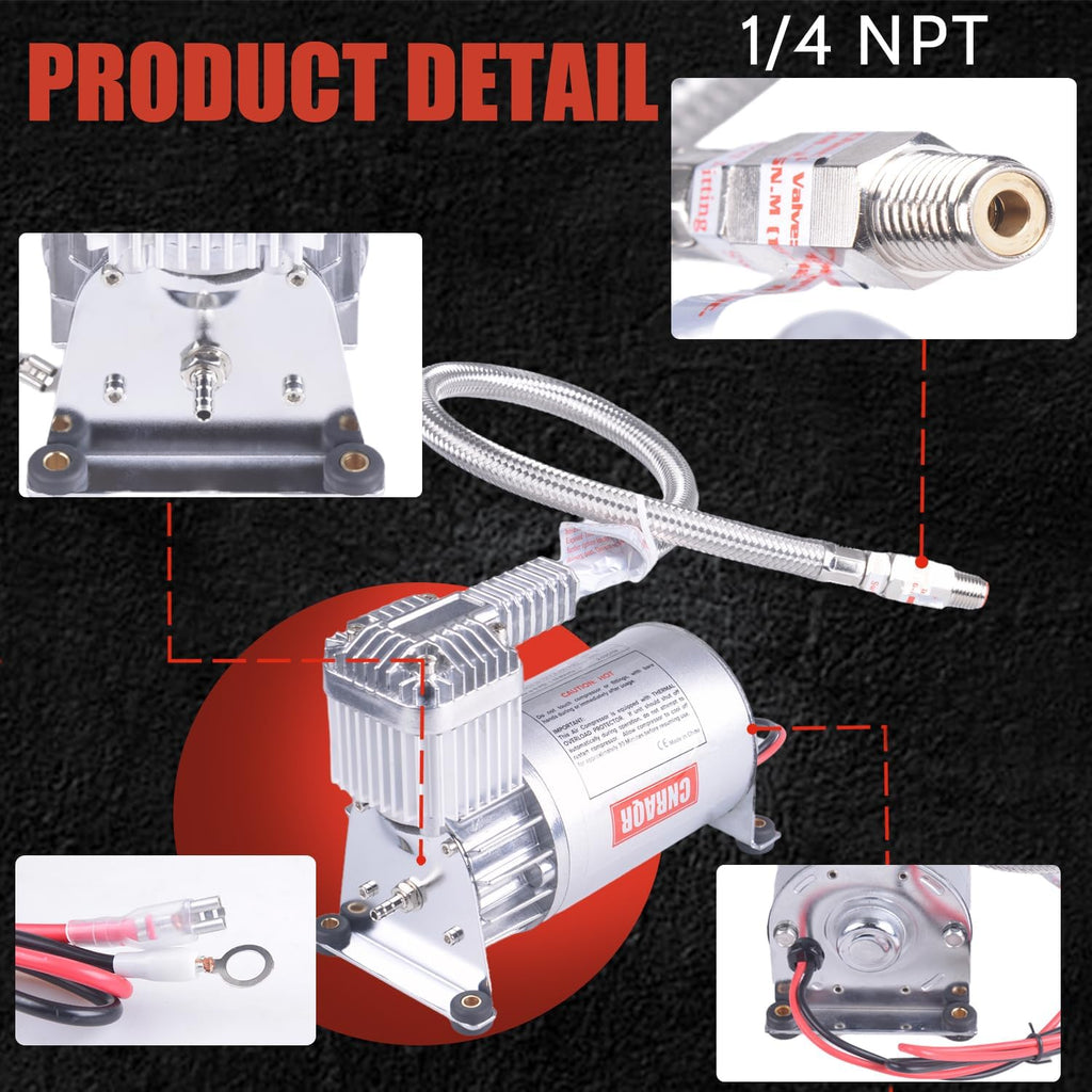 150 PSI Air Compressor with 1.6 Gallon 200 PSI Air Tank Aluminum Air Compressor Onboard System 12V 1/4NPT for Train Truck Trailer Train Auto Air Lift Suspension Heavy Duty Air Horn Compressor
