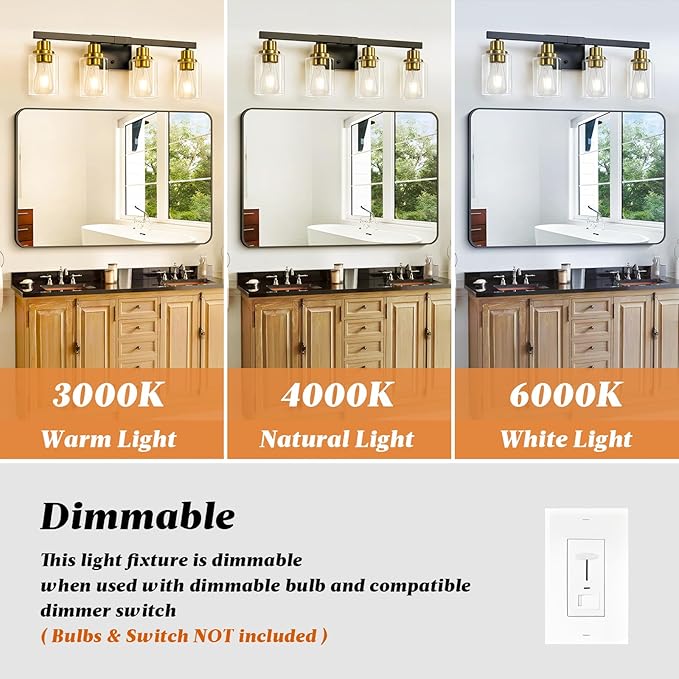DIKAIDA Bathroom Vanity Light, 4-Light Black and Gold Bathroom Light Fixtures