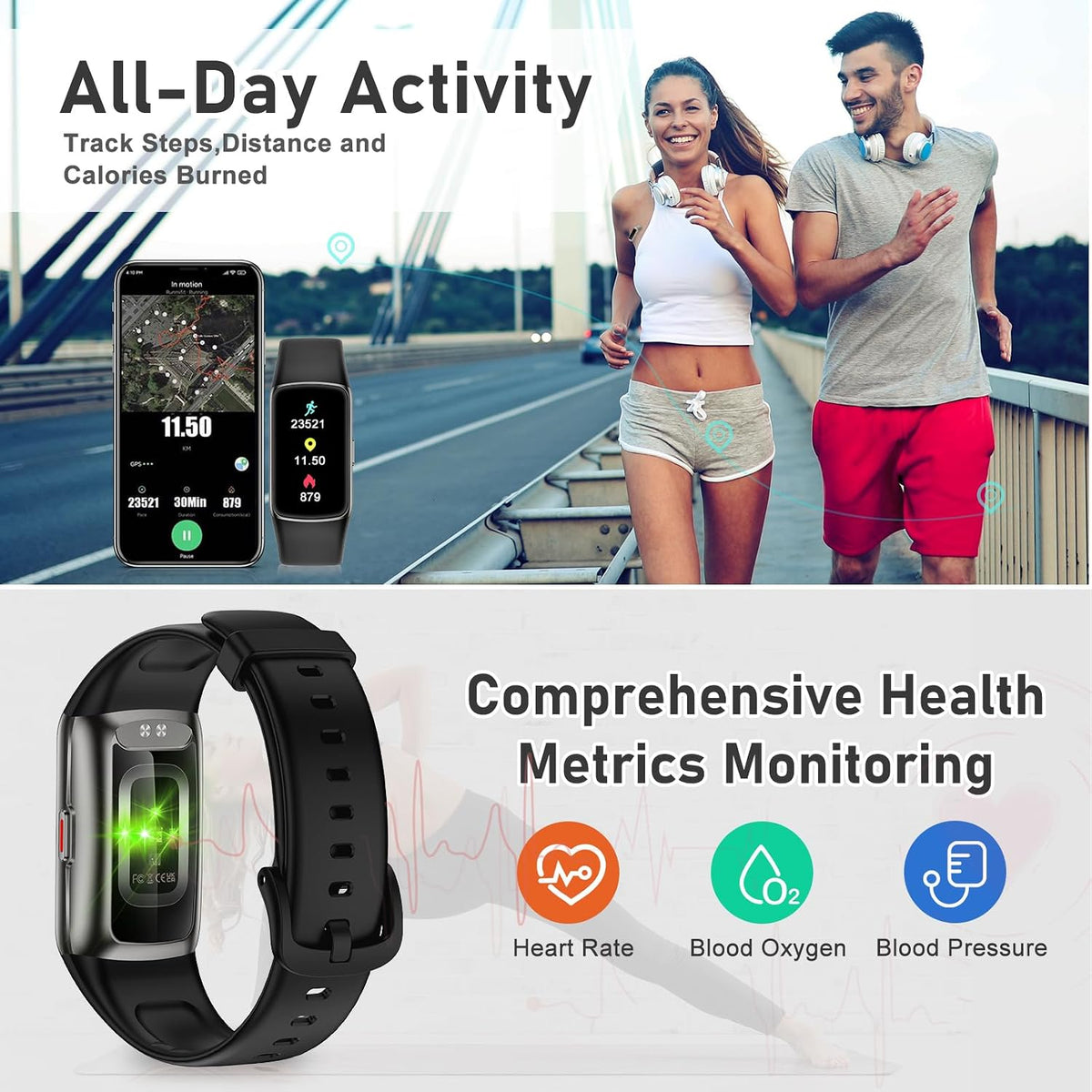 fitness tracker with 24/7 heart rate, blood oxygen showing dimensions