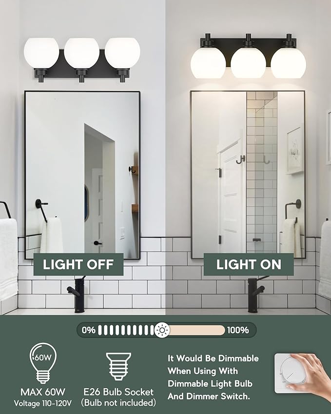 METWET Bathroom Light Fixtures, 3-Light Matte Black Vanity Light, Modern Wall