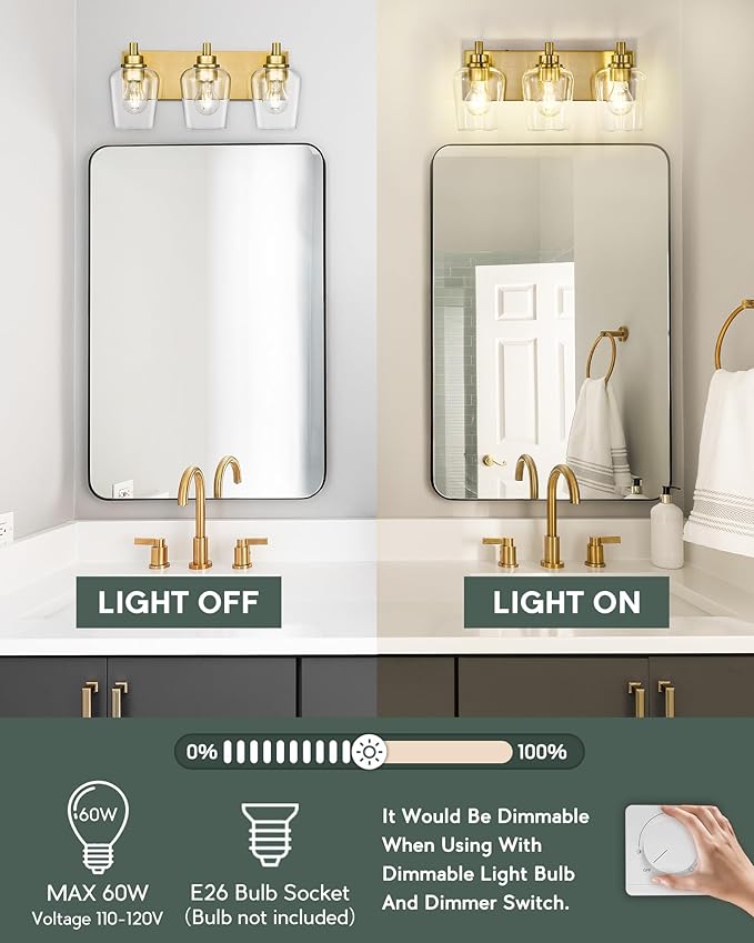 METWET Bathroom Light Fixtures, 3-Light Modern Vanity Light