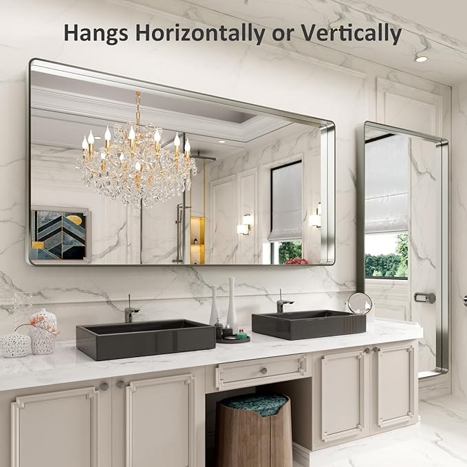 LOAAO 72X32 Inch Brushed Nickel Bathroom Mirror, Rounded Rectangle Silver Metal