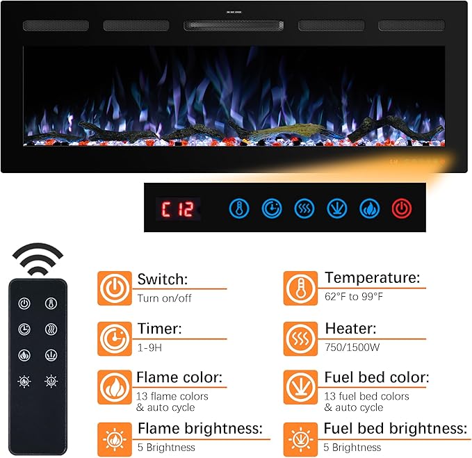 48" WiFi Electric Fireplace Inserts, Recessed and Wall Mounted Fireplace Heater
