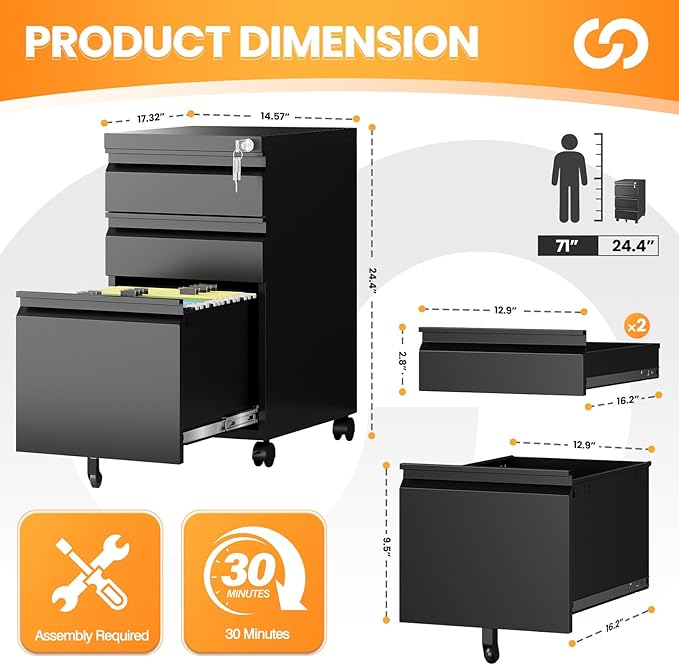 3 Drawer Mobile File Cabinet