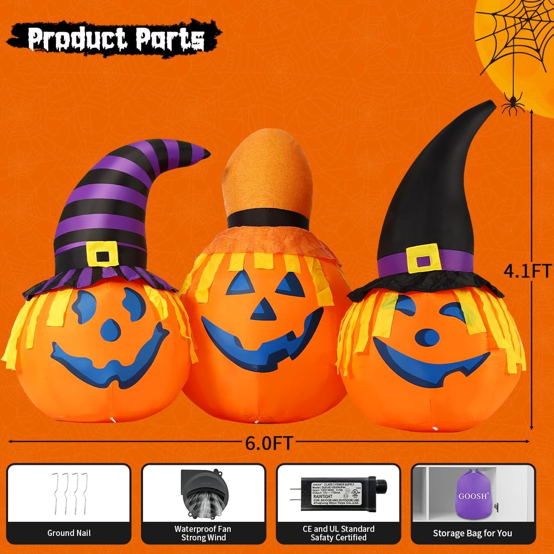 GOOSH 6 FT Halloween Inflatables Outdoor Pumpkin Combo with Wizard hat Blow Up Yard Decoration with LED Lights Built-in for Holiday Party Yard Garden