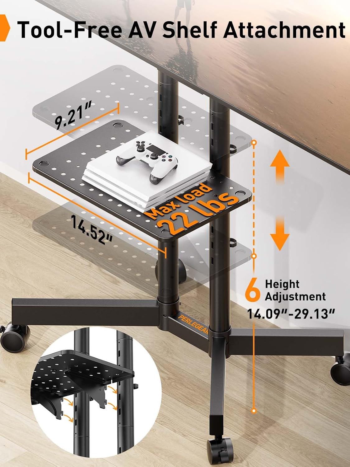 perlegear rolling tv stand, mobile tv stand with shown in use