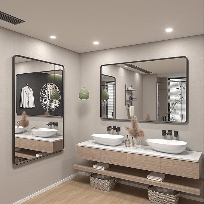 60x36 Black Matte Bathroom Mirror, Large Metal Framed Black Bathroom Vanity