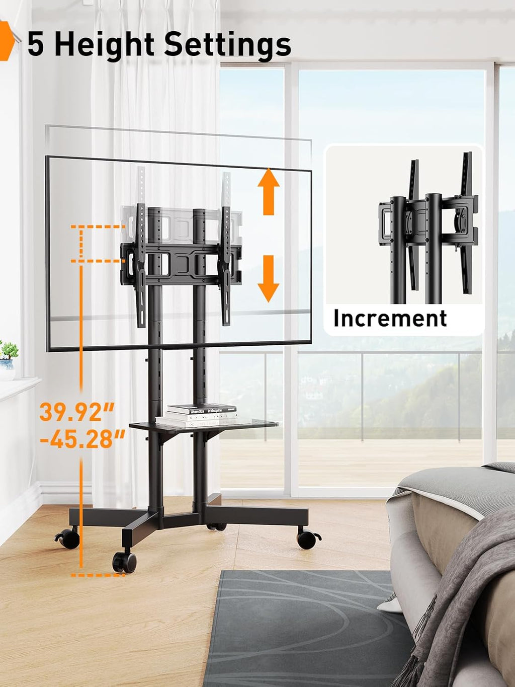 perlegear rolling tv stand, mobile tv stand with, side view