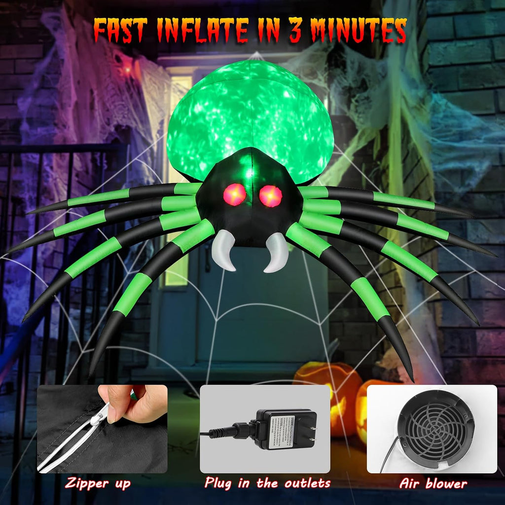 12 FT Halloween Inflatables Spider Outdoor Decorations, Giant Blow Up Spider with Flame Lights & Red Glowing Eyes, Large Crawling Green Spider Props for Halloween Party Yard Garden Lawn Roof Decor