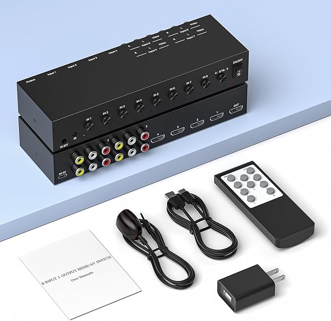 ZUZONG 4 AV to HDMI Converter + 4 HDMI2.0 Switcher 4 Way RCA Composite to HDMI