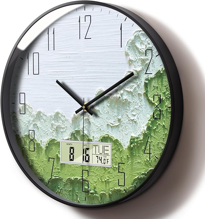 SCOAGE Modern Wall Clock with Temperature Green Forest Large Display