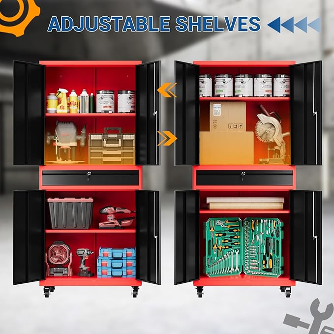 73" Metal Cabinet-Black & Red Heavy Duty Rolling Storage Cabinet Steel Tool