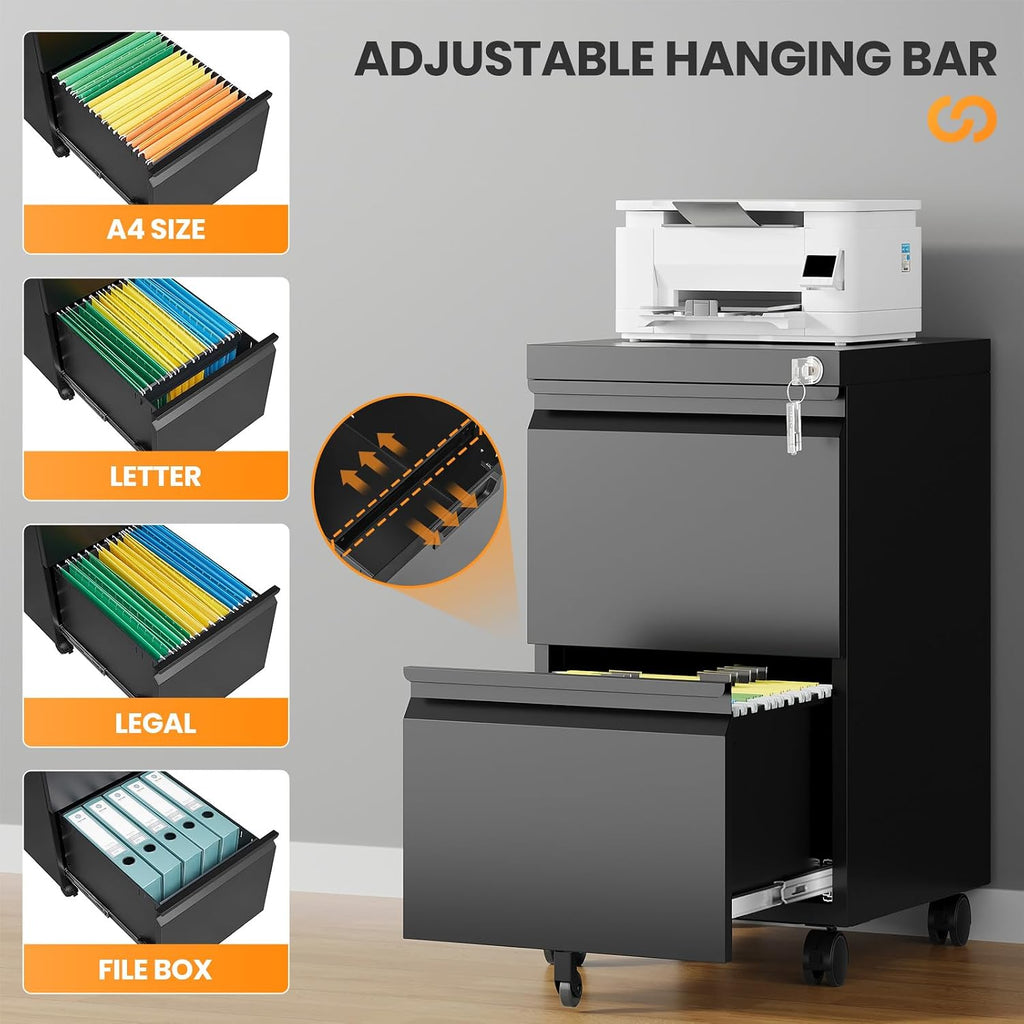 2 Drawer File Cabinet, Fully Assembled Mobile File Cabinets with Lock, Metal Rolling Filing Caninet on Wheels, Small Two Drawer Under Desk Cabnet for Letter/Legal / A4 / File Box - Black
