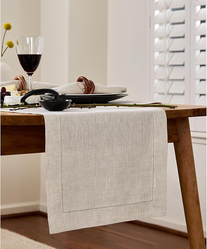 Solino Home Linen Light Natural Table Runner 36 Inches - Classic Hemstitch, 100% Pure Linen Coffee Table Runner 14 x 36 Inch Ideal for Dresser Tables - Fall, Autumn, Halloween, Thanksgiving, Christmas