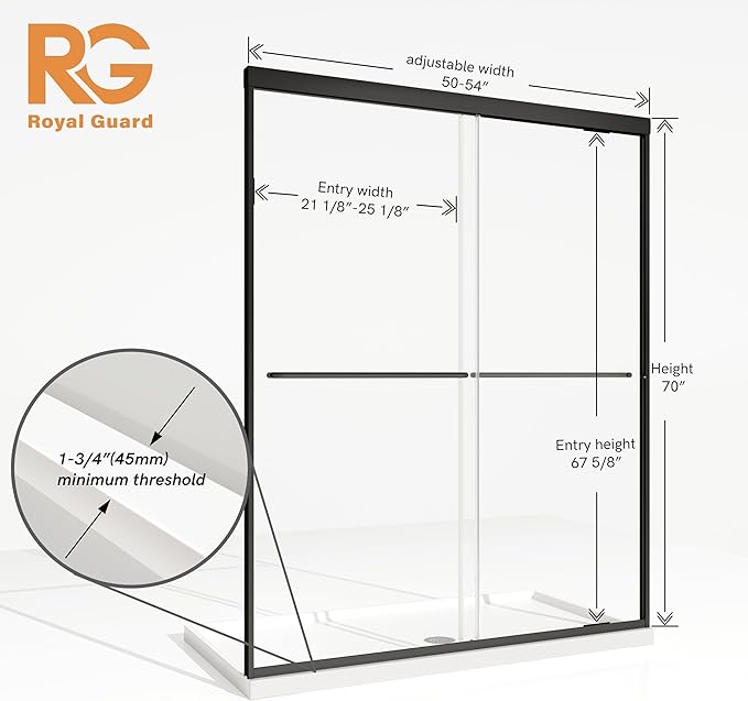 Shower Door, 50-54" W x 70" H Semi-Frameless Double Sliding Glass Shower Doors