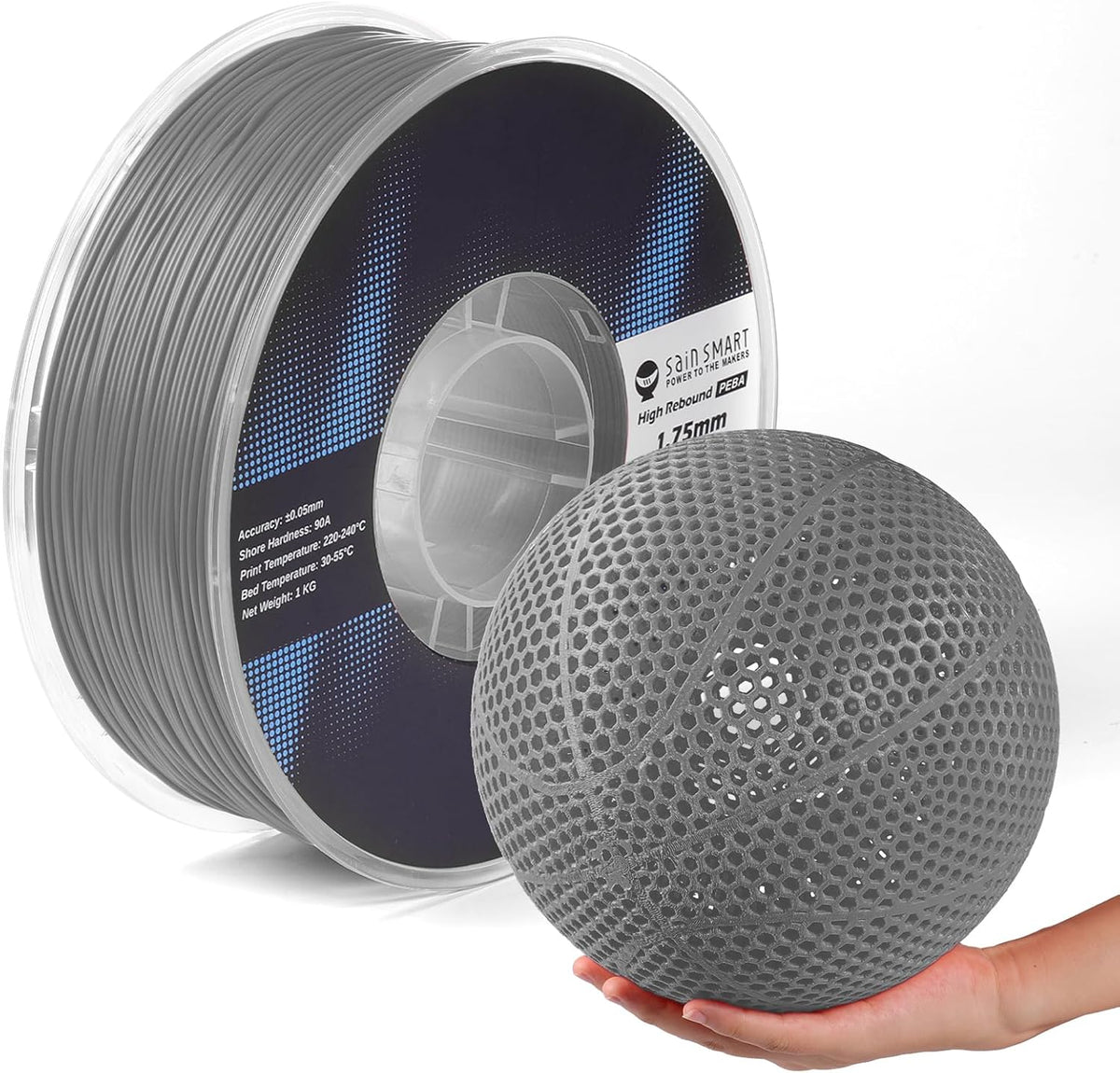 SainSmart PEBA High Rebound 90A Flexible Filament, 1KG (2.2lbs) (Grey)