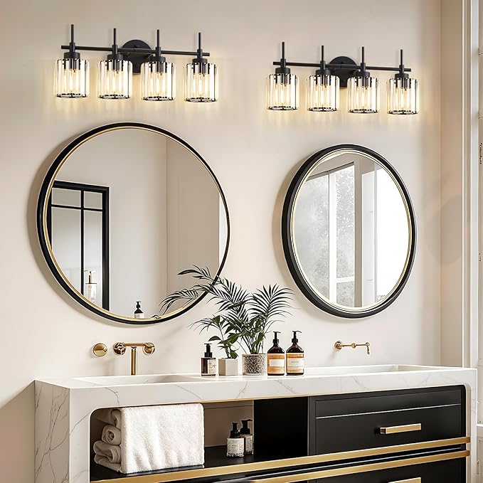 EJIAXIN 4 Light Round Crystal Vanity Lights, Modern Black Crystal Wall Light