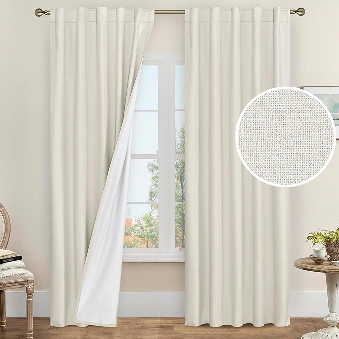 LAMIT Ivory 100% Blackout Linen Curtains 84 Inches Long, Linen Textured Living