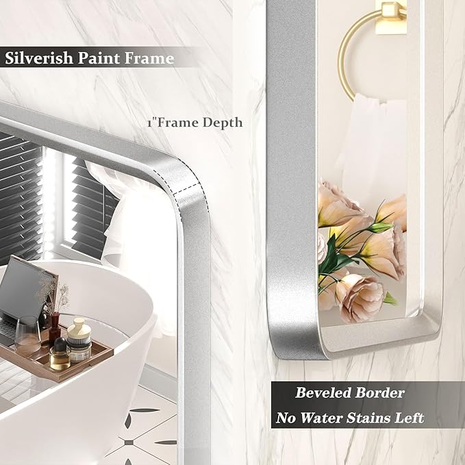 30x36 Inch Silver Bathroom Mirror, Brushed Silver Metal Frame Mirror, Rounded