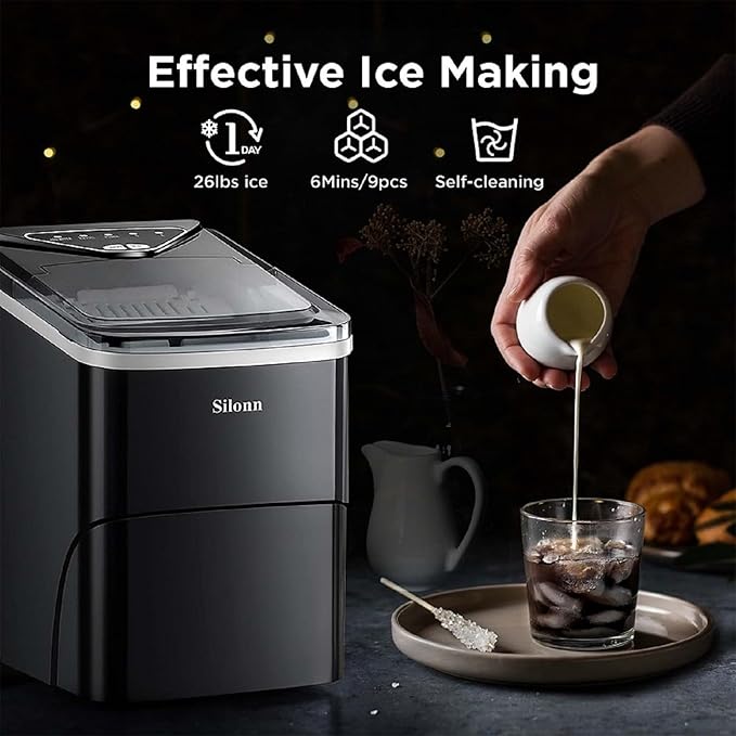 Silonn Ice Maker Countertop, 9 Cubes Ready in 6 Mins, 26lbs in 24Hrs,