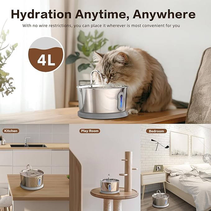 Battery Operated Cat Water Fountain Wireless, 4L/135oz Stainless Steel Pet