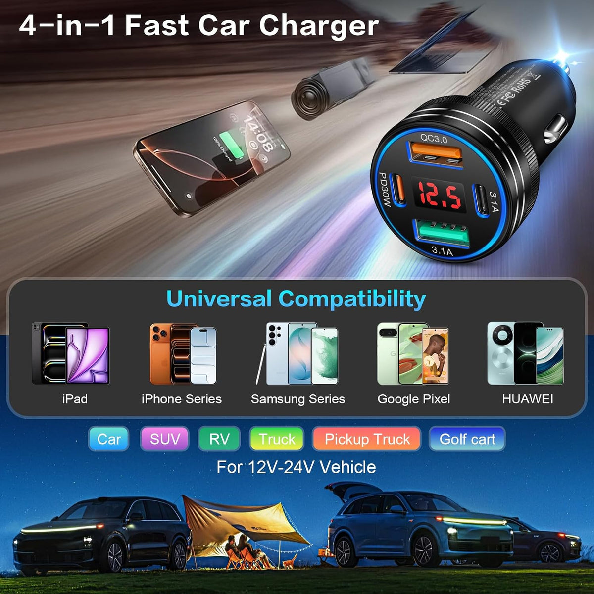 car charger, ancekoy 65w 4-port car charger adapter on a desk or shelf