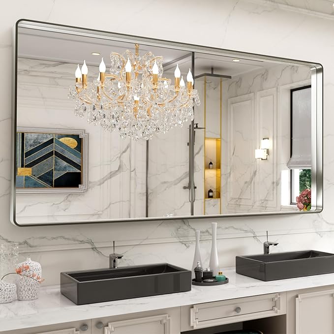 LOAAO 77X36 Inch Brushed Nickel Bathroom Mirror, Rounded Rectangle Silver Metal