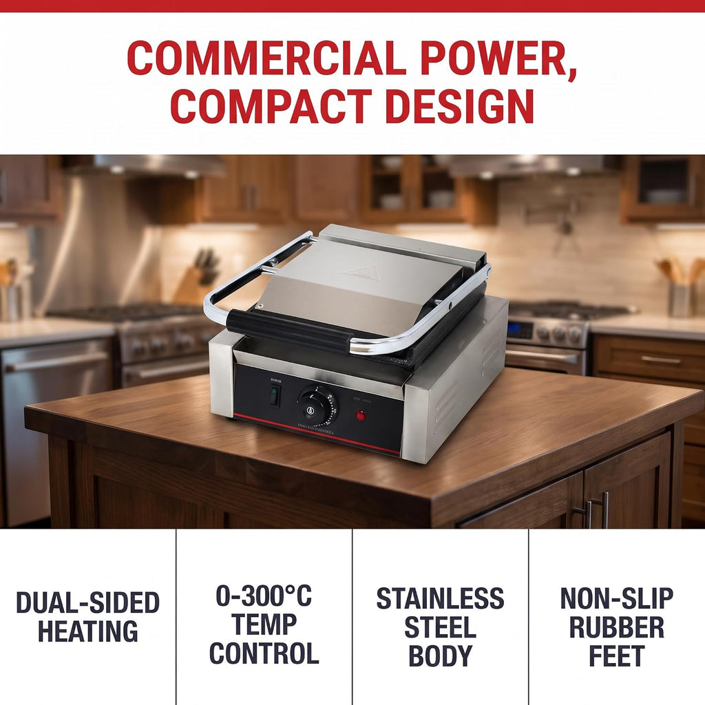 commercial panini press with grooved grill sandwich maker, front angle view