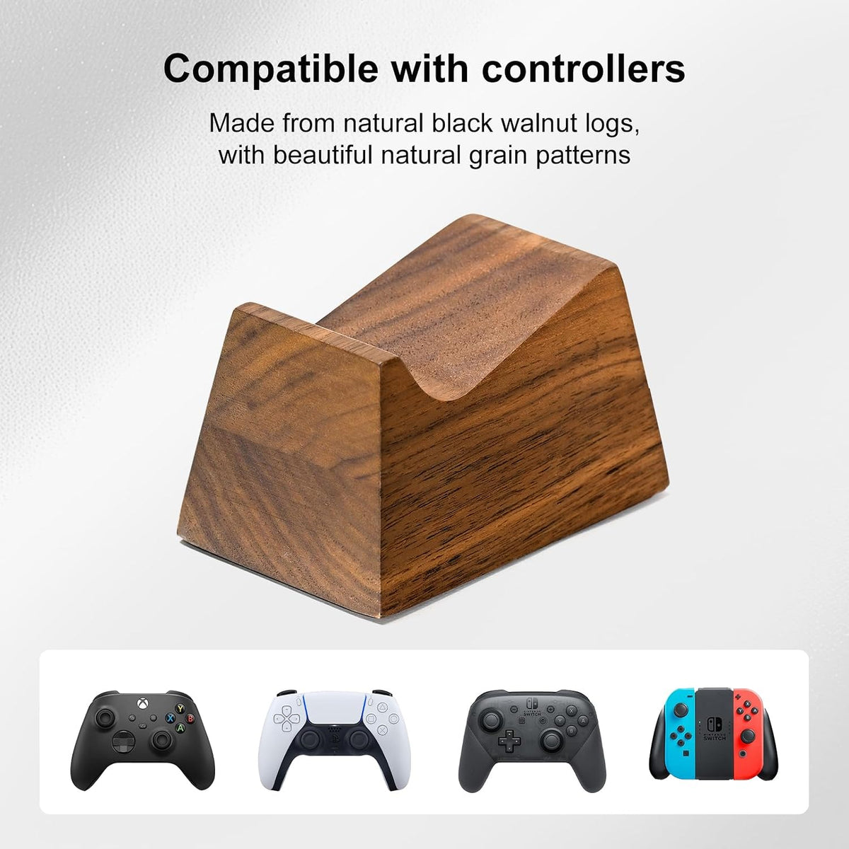 upergo walnut headphone stand with controller holder & showing dimensions