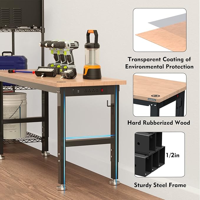 WORKPRO 60" Adjustable Workbench, Rubber Wood Top Heavy-Duty Workstation
