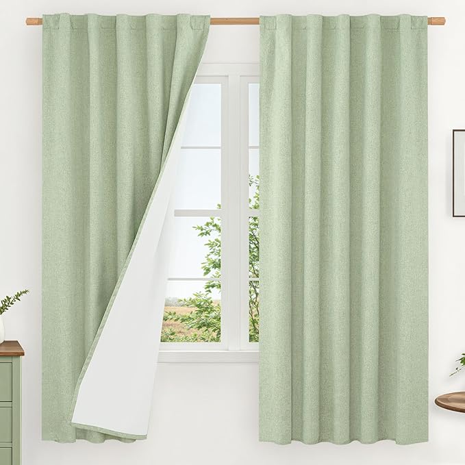 LAMIT 100% Blackout Linen Curtains, 63 Inches Linen Textured Thermal Bedroom