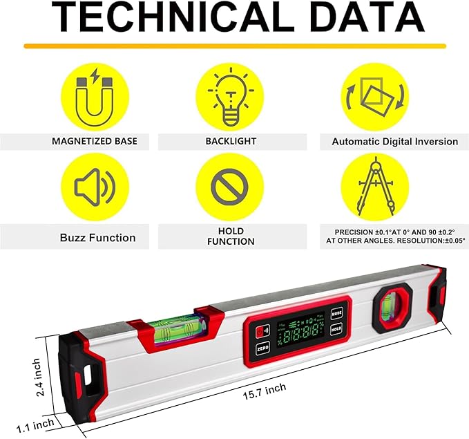 eOUTIL 15.7-Inch Digital Torpedo Level & Angle Finder – IP54 Waterproof
