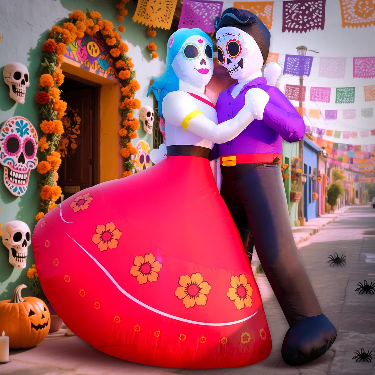 DomKom Halloween Inflatable Blow Up Decorations, Dia de Los Muertos 6FT Day of Dead Catrina Sugar Skull Couple Dancing, Built-in LEDs for Holiday Party, Garden, Lawn, Yard, Patio Décor